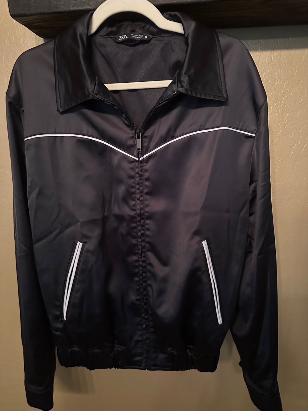 Zara Black Bomber Jacket with White Piping Accents
